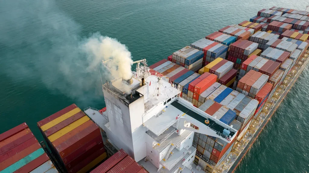 Smoke exhaust gas emissions from cargo ship